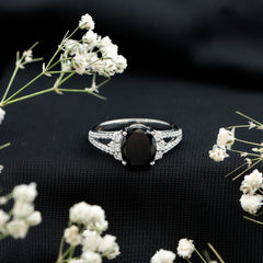 Oval Created Black Diamond Engagement Ring with Diamond Split Shank