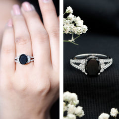 Oval Created Black Diamond Engagement Ring with Diamond Split Shank
