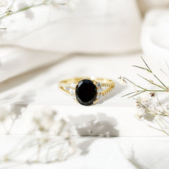 Oval Created Black Diamond Engagement Ring with Diamond Split Shank