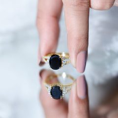 Oval Created Black Diamond Engagement Ring with Diamond Split Shank