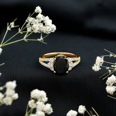 Oval Created Black Diamond Engagement Ring with Diamond Split Shank