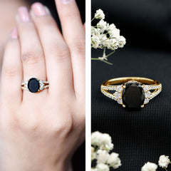 Oval Created Black Diamond Engagement Ring with Diamond Split Shank