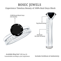 Natural 8mm Black Onyx Solitaire Engagement Rings with Diamond Enhancer