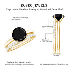Natural 8mm Black Onyx Solitaire Engagement Rings with Diamond Enhancer