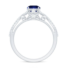 1 Carat Lab Grown Blue Sapphire Engagement Ring with Diamond Crossover Shank