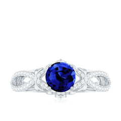 1 Carat Lab Grown Blue Sapphire Engagement Ring with Diamond Crossover Shank