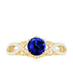 1 Carat Lab Grown Blue Sapphire Engagement Ring with Diamond Crossover Shank