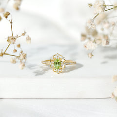 Peridot and Diamond Vintage Looking Engagement Ring