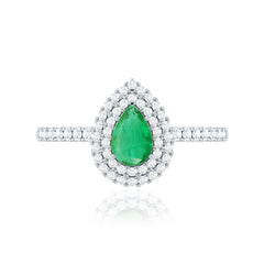 Natural Emerald Teardrop Engagement Ring with Diamond Double Halo