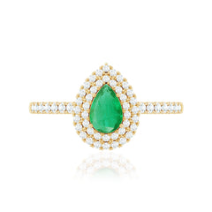 Natural Emerald Teardrop Engagement Ring with Diamond Double Halo