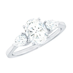 Oval and Pear Cut Moissanite Three Stone Engagement Ring