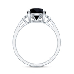 Real Black Onyx Solitaire Engagement Ring with Diamond Trio