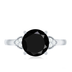 Real Black Onyx Solitaire Engagement Ring with Diamond Trio