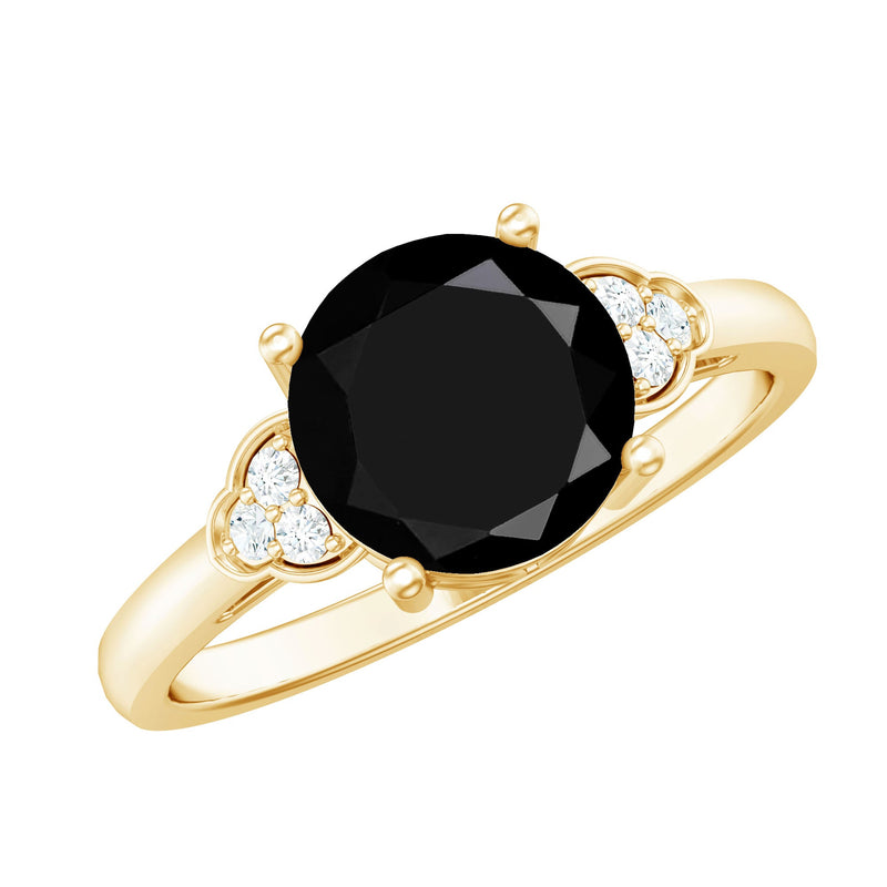 Real Black Onyx Solitaire Engagement Ring with Diamond Trio