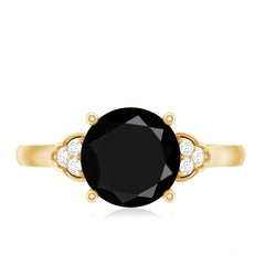 Real Black Onyx Solitaire Engagement Ring with Diamond Trio