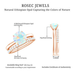 Natural Ethiopian Opal Diamond Solitaire Engagement Wedding Ring Set of 2
