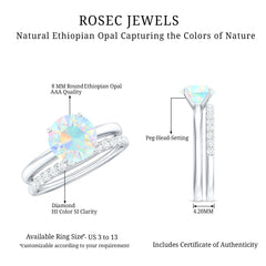 Natural Ethiopian Opal Diamond Solitaire Engagement Wedding Ring Set of 2