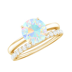 Natural Ethiopian Opal Diamond Solitaire Engagement Wedding Ring Set of 2