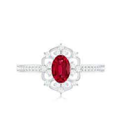 Certified Lab Created Ruby Vintage Inspired Engagement Ring with Diamond