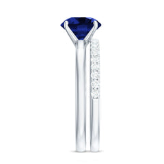 8mm Round Shape Lab Created Blue Sapphire Solitaire Wedding Ring Set with Diamond Band