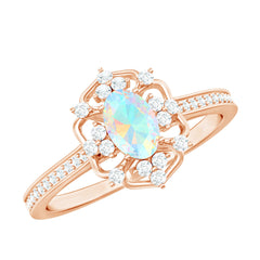 Natural Oval Ethiopian Rainbow Opal Vintage Looking Engagement Ring with Diamond