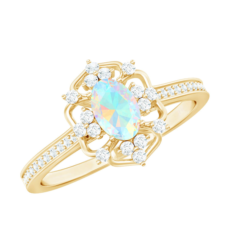 Natural Oval Ethiopian Rainbow Opal Vintage Looking Engagement Ring with Diamond