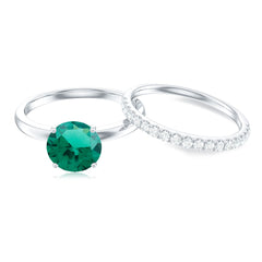 Certified Solitaire Lab Grown Emerald Engagement Ring with Diamond Wedding Band