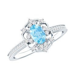 Vintage Style Aquamarine Flower Engagement Ring with Diamond