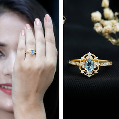 Vintage Style Aquamarine Flower Engagement Ring with Diamond
