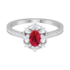Flower Vintage Ruby Engagement Ring with Diamond