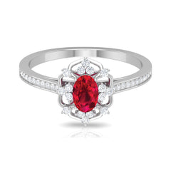 Flower Vintage Ruby Engagement Ring with Diamond
