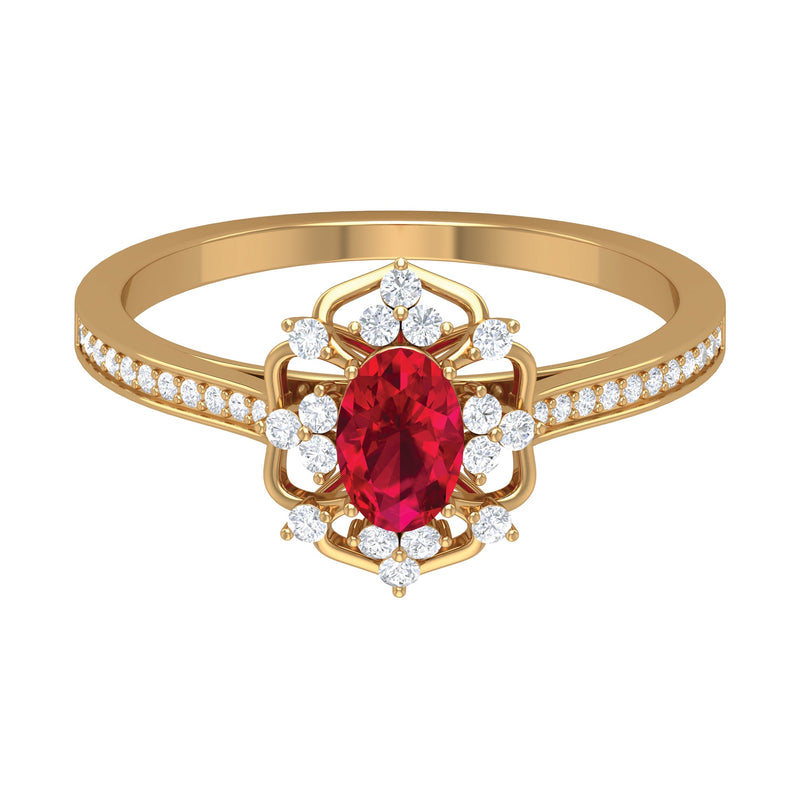 Flower Vintage Ruby Engagement Ring with Diamond