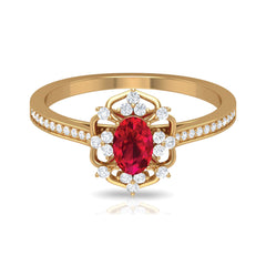 Flower Vintage Ruby Engagement Ring with Diamond