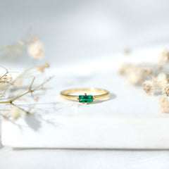 Baguette Cut Lab Emerald Solitaire Promise Ring in East West Style