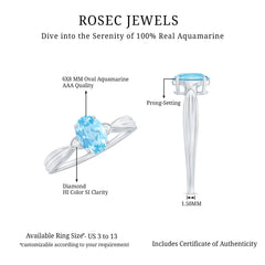 Oval Cut Real Aquamarine Solitaire Ring with Diamond