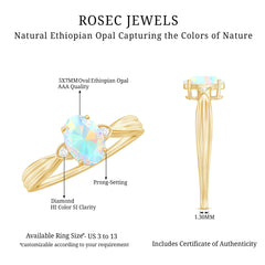 Natural Solitaire Ethiopian Opal Diamond Oval Engagement Ring With Pinched Shank