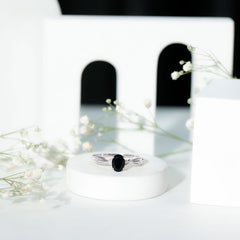Solitaire Black Onyx Oval Engagement Ring with Diamond