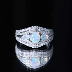 Real Ethiopian Opal 3 Stone Engagement Ring with Moissanite