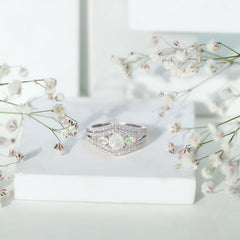 Real Ethiopian Opal 3 Stone Engagement Ring with Moissanite