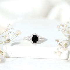 6X8MM Oval Black Onyx and Diamond Halo Engagement Ring
