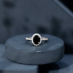 6X8MM Oval Black Onyx and Diamond Halo Engagement Ring