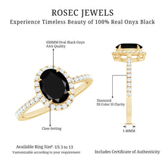 6X8MM Oval Black Onyx and Diamond Halo Engagement Ring