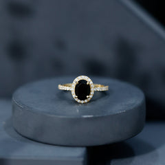 6X8MM Oval Black Onyx and Diamond Halo Engagement Ring