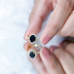 6X8MM Oval Black Onyx and Diamond Halo Engagement Ring