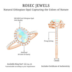 Certified Real 6X8mm Ethiopian Opal Oval Engagement Ring with Diamond Halo