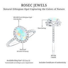Certified Real 6X8mm Ethiopian Opal Oval Engagement Ring with Diamond Halo