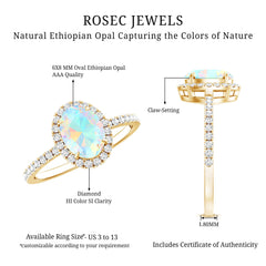 Certified Real 6X8mm Ethiopian Opal Oval Engagement Ring with Diamond Halo