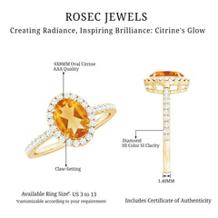Certified Real 6X8mm Citrine Oval Engagement Ring with Diamond Halo