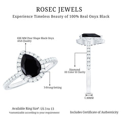 Genuine Black Onyx Teardrop Engagement Ring with Diamond