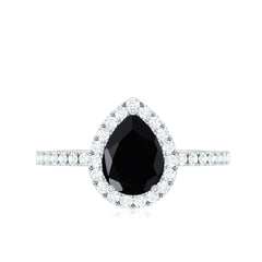 Genuine Black Onyx Teardrop Engagement Ring with Diamond